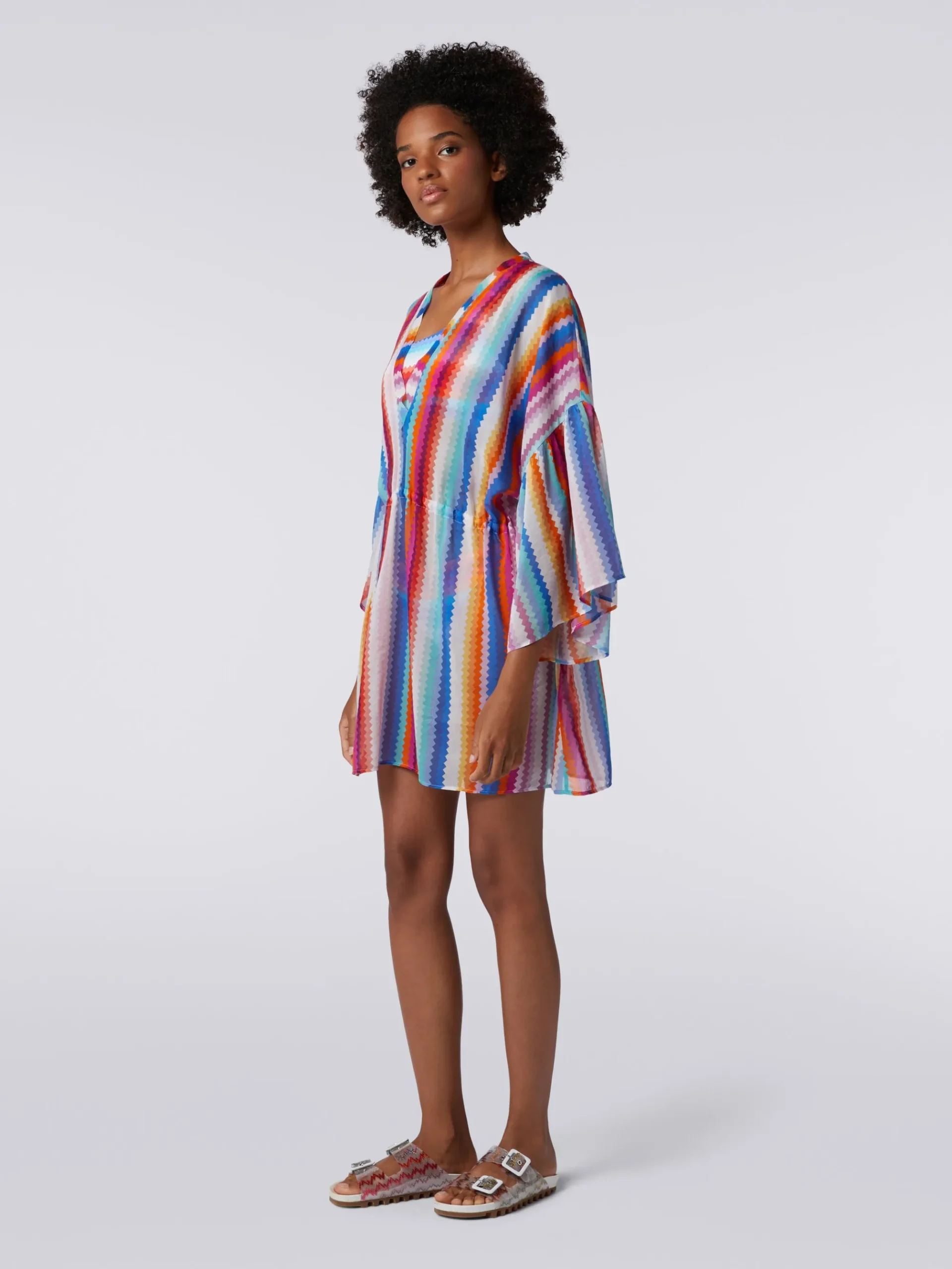Short cover up kaftan in zigzag cotton and silk