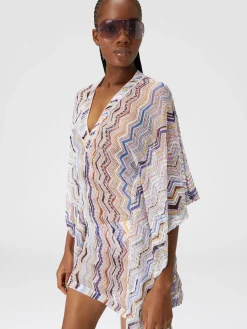 Short cover up kaftan in zigzag crochet with lurex