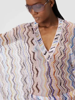 Short cover up kaftan in zigzag crochet with lurex