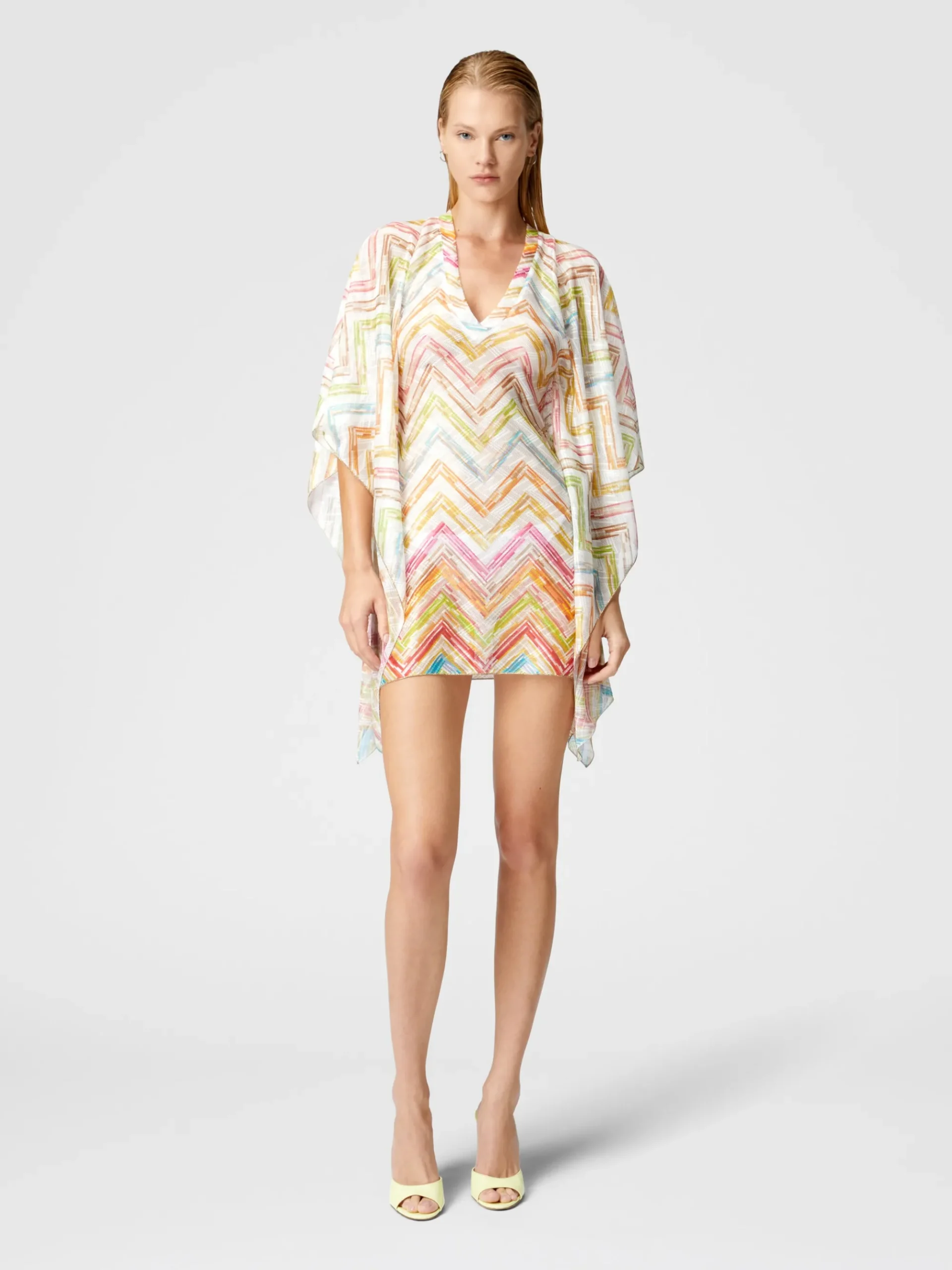 Short covered up caftan in printed tulle