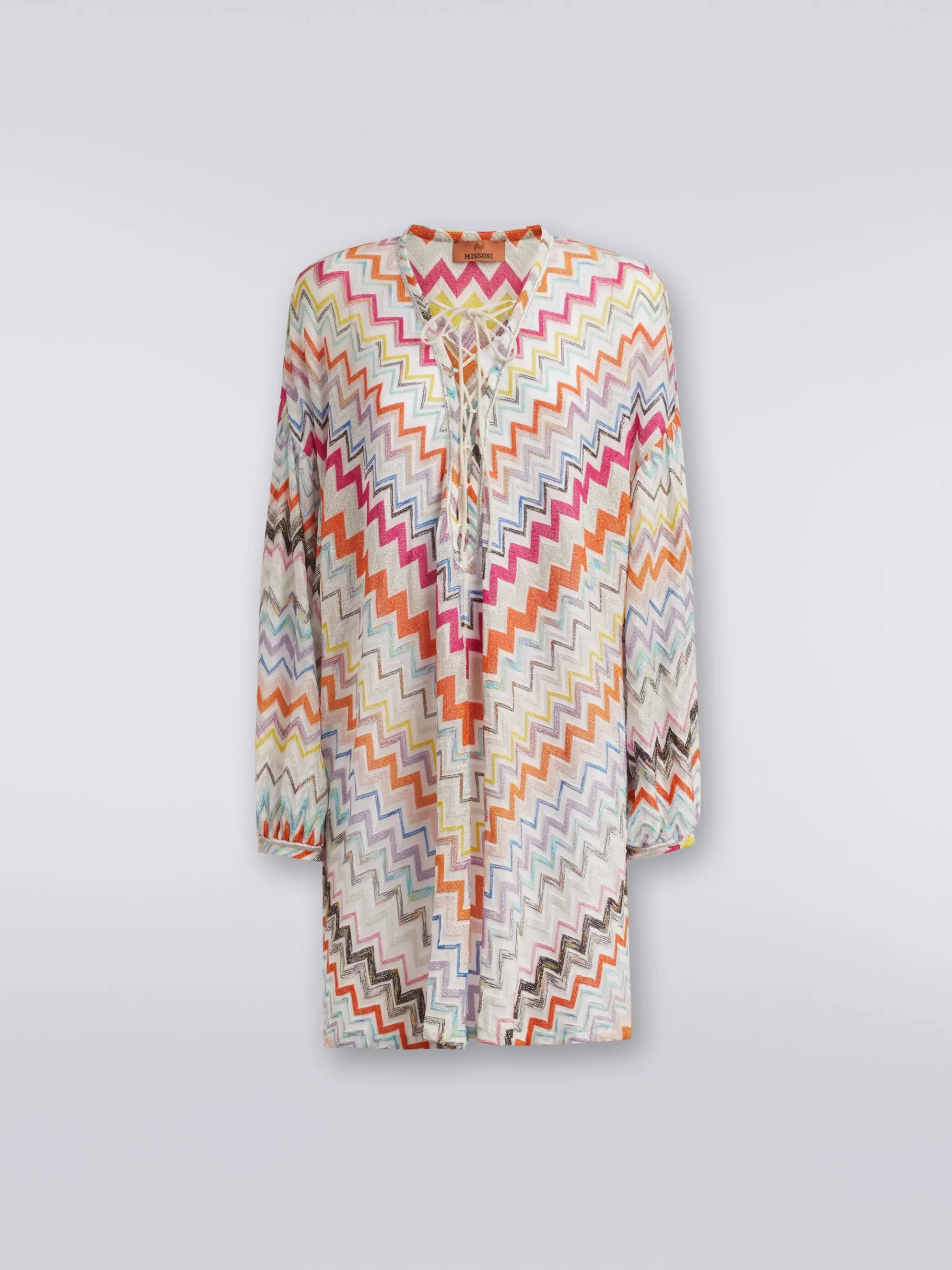 Short cover-up kaftan with zigzag pattern and lurex