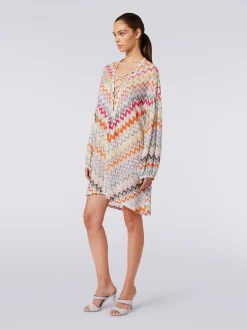 Short cover-up kaftan with zigzag pattern and lurex