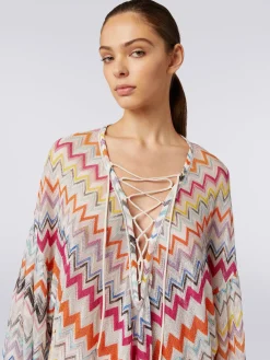 Short cover-up kaftan with zigzag pattern and lurex