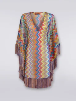 Short cover-up kaftan with zigzag print and fringes