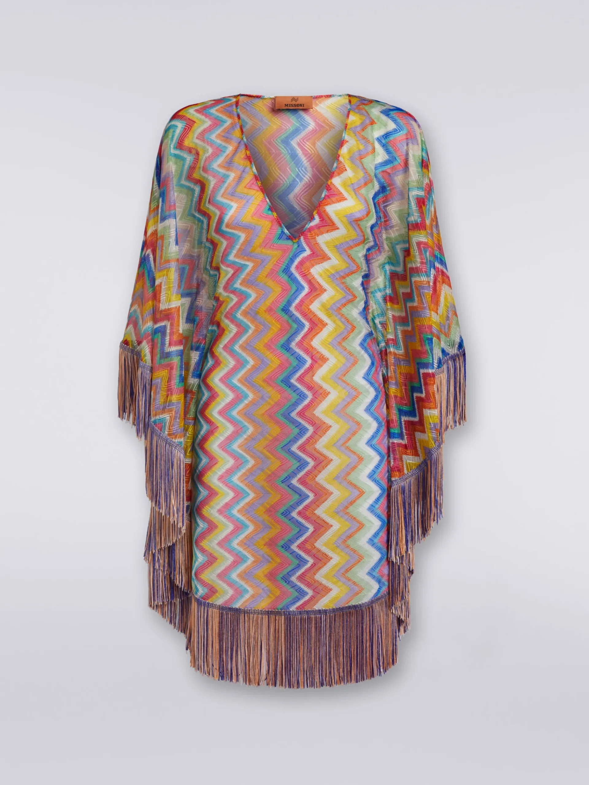 Short cover-up kaftan with zigzag print and fringes