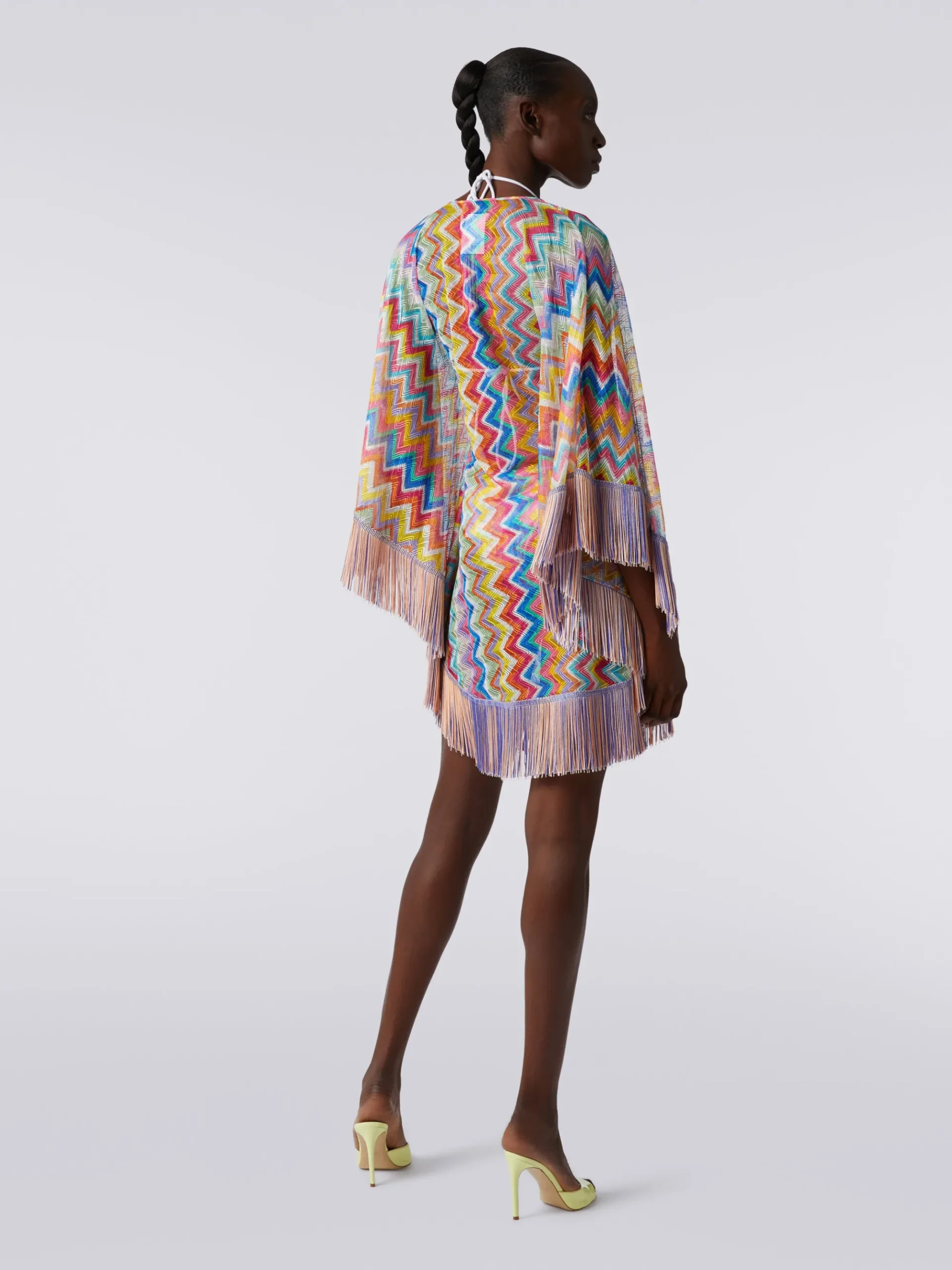 Short cover-up kaftan with zigzag print and fringes
