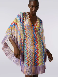 Short cover-up kaftan with zigzag print and fringes