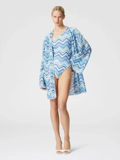 Short dressing gown cover-up in chevron crochet with lurex