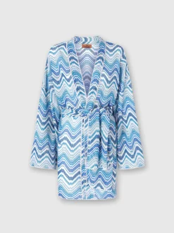 Short dressing gown cover-up in chevron crochet with lurex