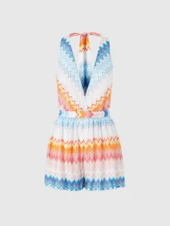 Short jumpsuit in viscose blend zig zag lamé with V-neck