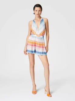 Short jumpsuit in viscose blend zig zag lamé with V-neck
