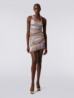 Short one-shoulder cover-up with fringes and side gathers