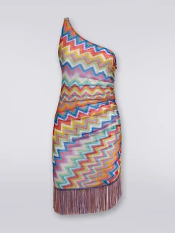 Short one-shoulder cover-up with fringes and side gathers