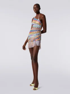 Short one-shoulder cover-up with fringes and side gathers