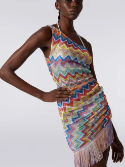 Short one-shoulder cover-up with fringes and side gathers