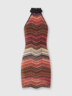 Short sleeveless chevron lamé dress with sequins and halter neckline