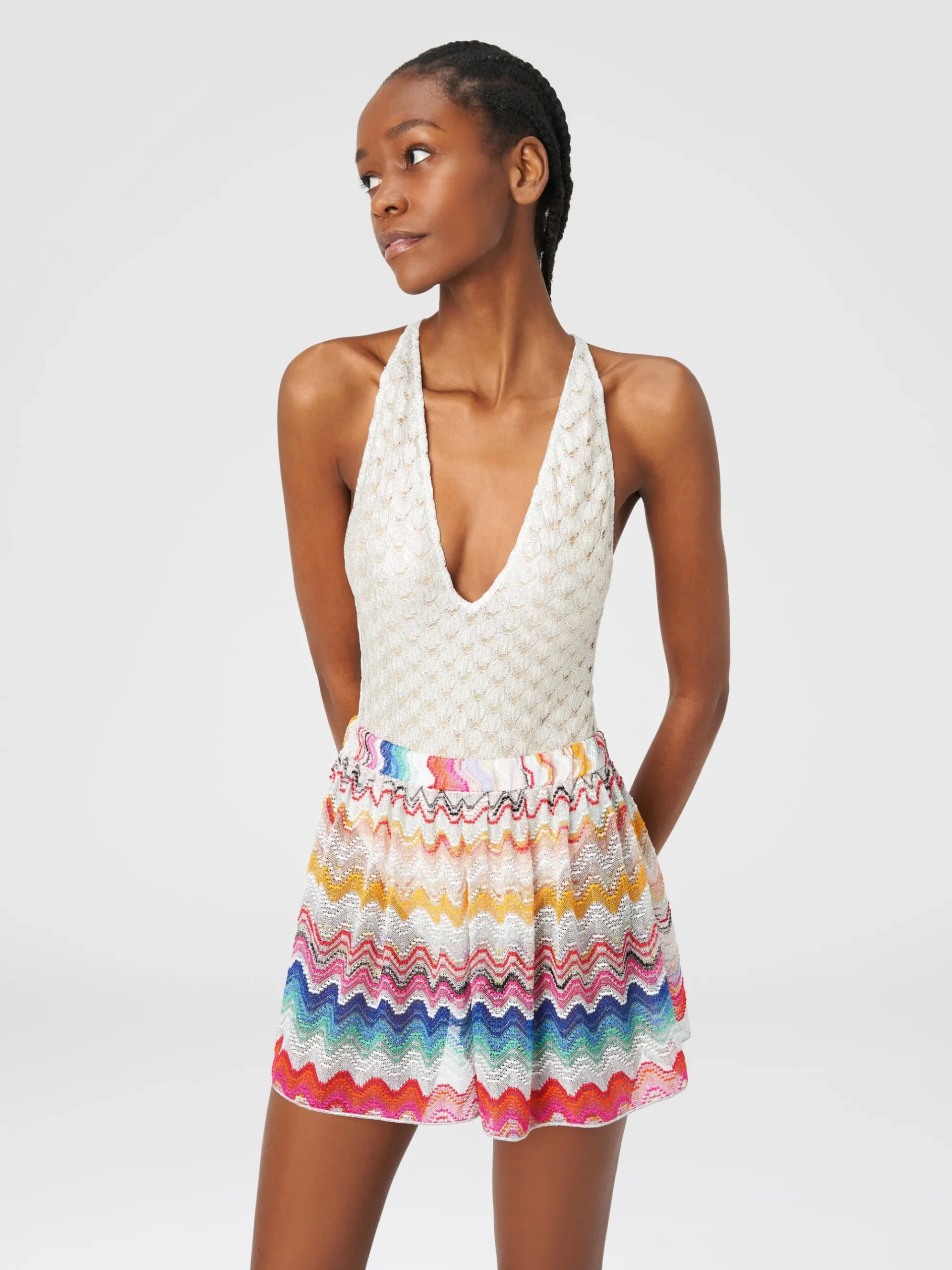 Shorts in perforated viscose blend knit with lurex