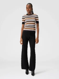 Short-sleeved crewneck pullover in zigzag wool