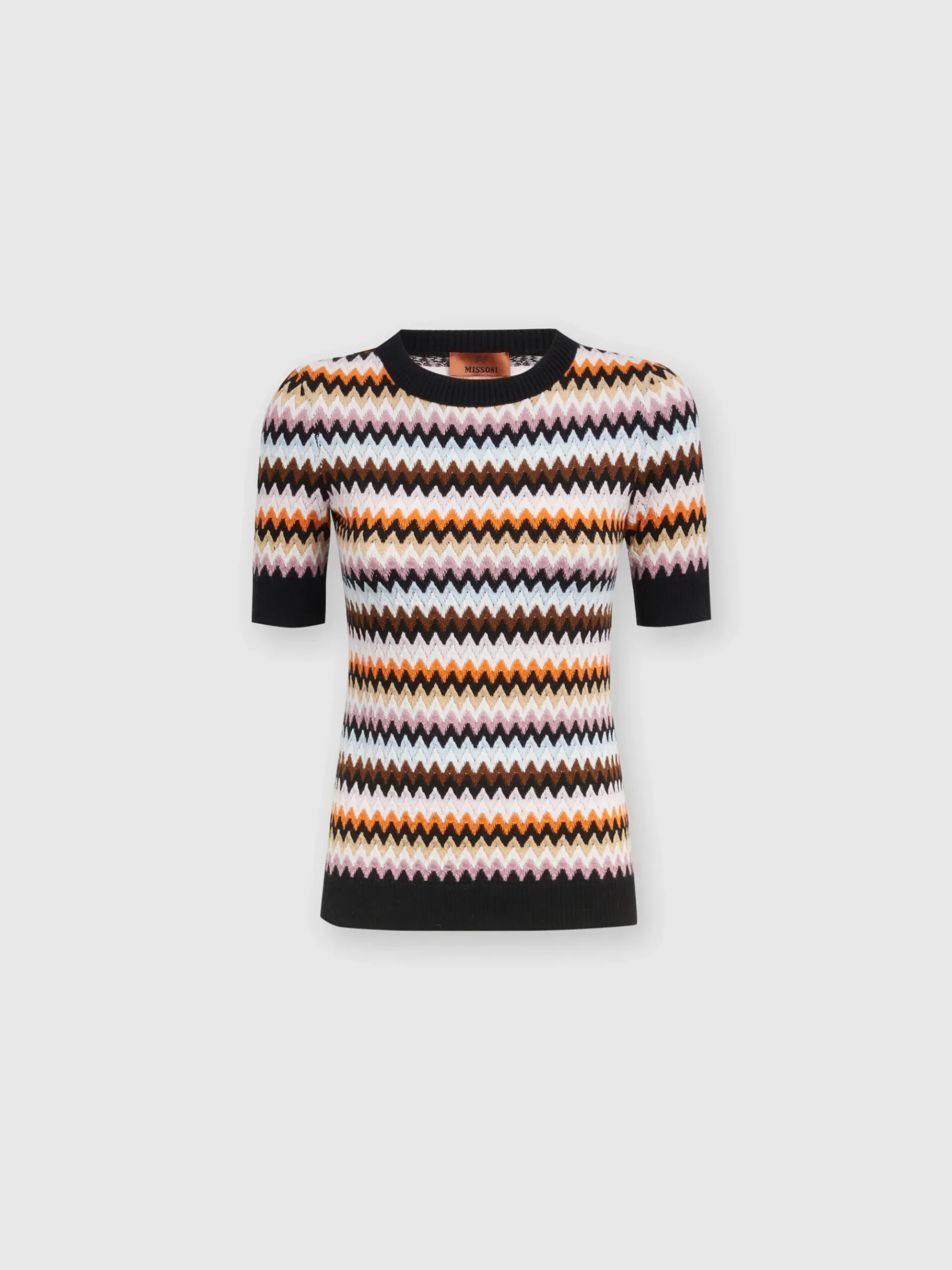 Short-sleeved crewneck pullover in zigzag wool