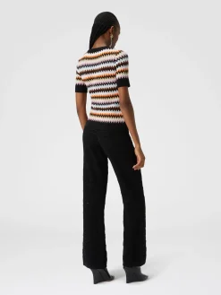 Short-sleeved crewneck pullover in zigzag wool