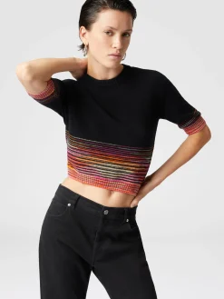 Short-sleeved flared cashmere crewneck crop top
