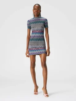 Short-sleeved mini-dress in zigzag wool