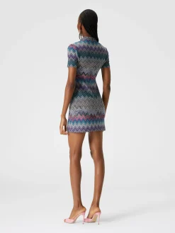 Short-sleeved mini-dress in zigzag wool