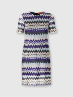 Short-sleeved mini-dress in zig zag lamé viscose