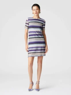 Short-sleeved mini-dress in zig zag lamé viscose