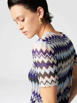 Short-sleeved mini-dress in zig zag lamé viscose