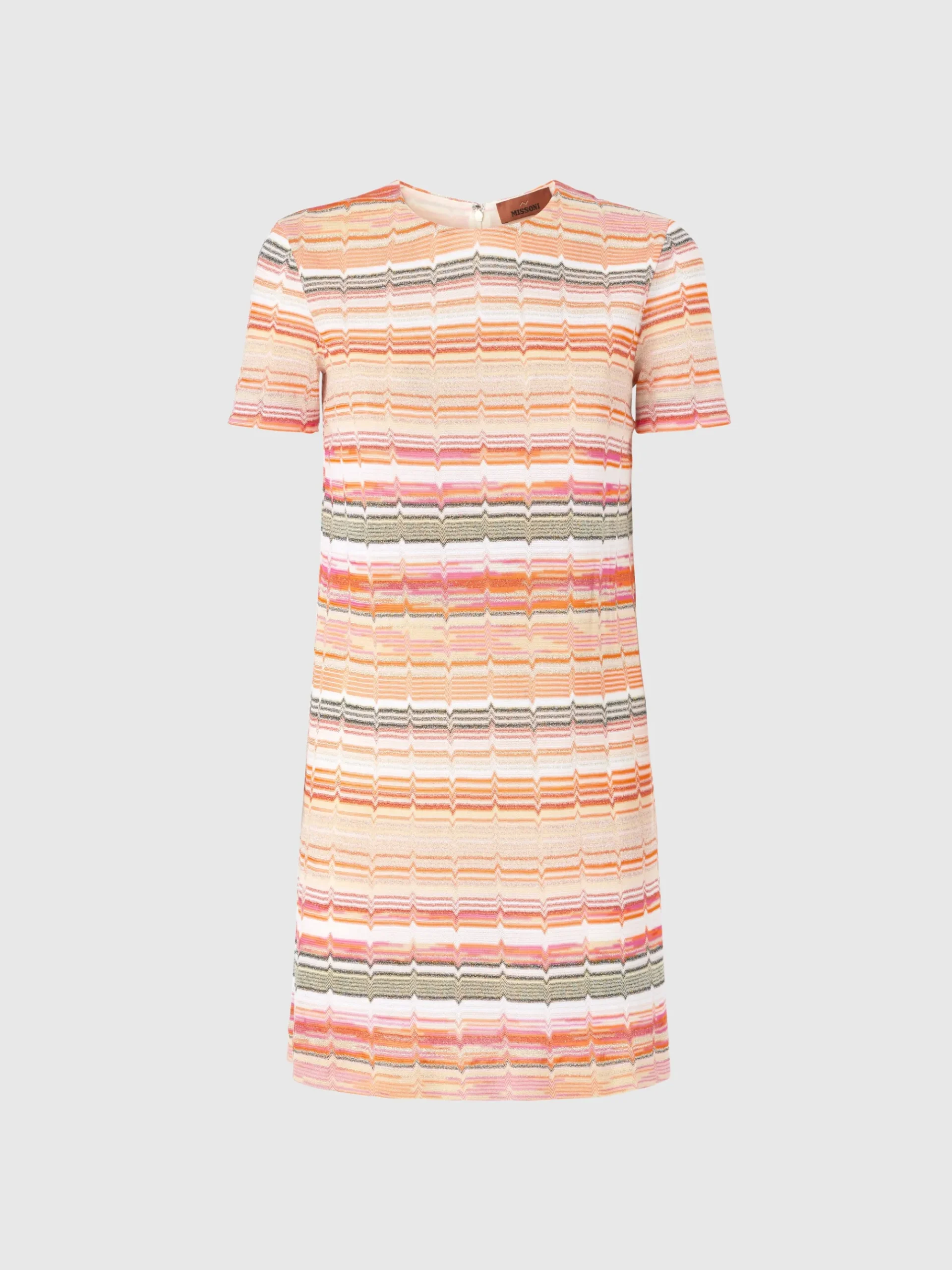 Short-sleeved mini-dress with Greek zig zag lamé