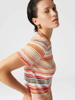 Short-sleeved mini-dress with Greek zig zag lamé
