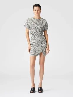 Short-sleeved mini-dress with Greek lamé motif and slit