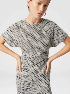 Short-sleeved mini-dress with Greek lamé motif and slit