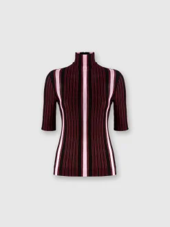 Short-sleeved turtleneck in striped cotton and viscose
