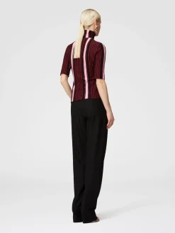 Short-sleeved turtleneck in striped cotton and viscose