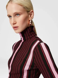 Short-sleeved turtleneck in striped cotton and viscose