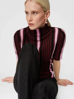Short-sleeved turtleneck in striped cotton and viscose