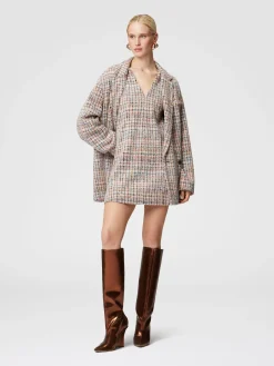 Sleeveless bouclé checkered mini-dress with sequins
