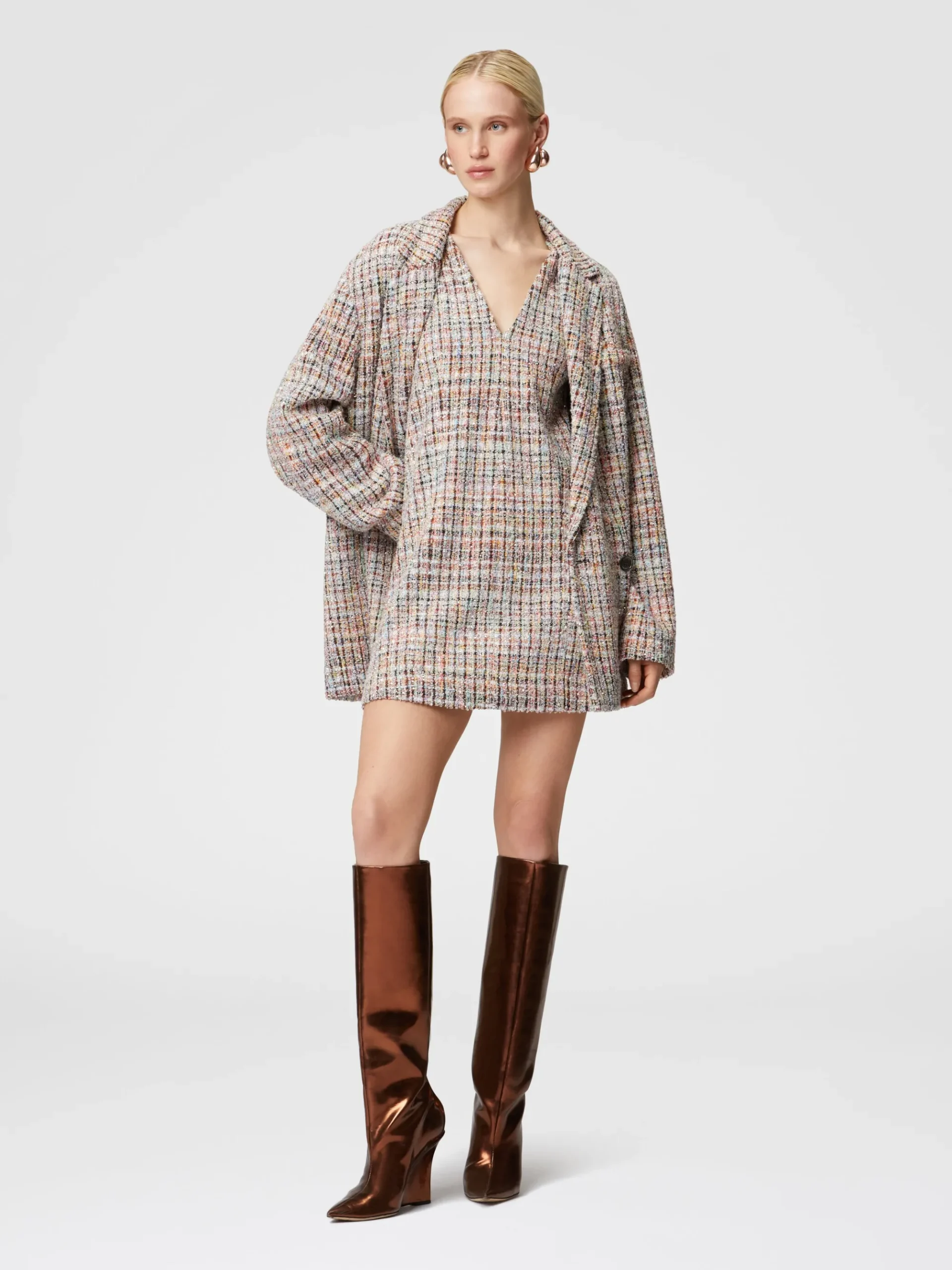 Sleeveless bouclé checkered mini-dress with sequins