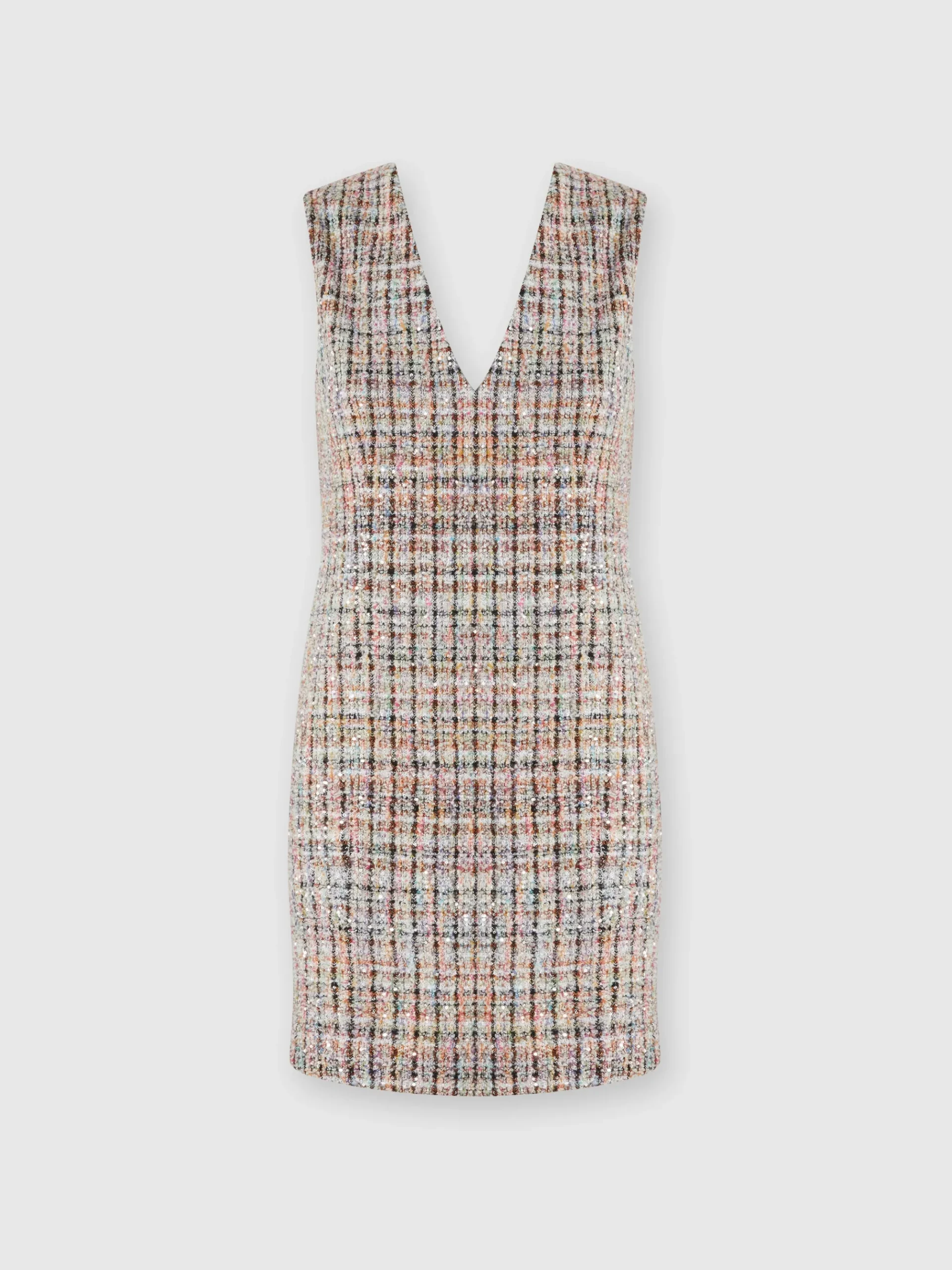 Sleeveless bouclé checkered mini-dress with sequins