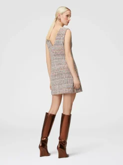 Sleeveless bouclé checkered mini-dress with sequins