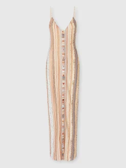 Sleeveless dress with zig zag lamé fret and central button placket