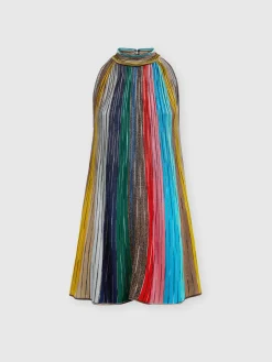 Sleeveless mini-dress in lamé pleated knit