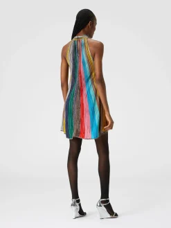 Sleeveless mini-dress in lamé pleated knit