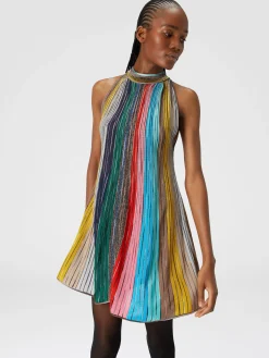 Sleeveless mini-dress in lamé pleated knit