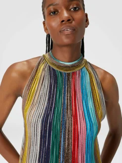 Sleeveless mini-dress in lamé pleated knit