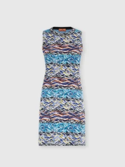 Sleeveless mini-dress in wool and cotton with wave motif