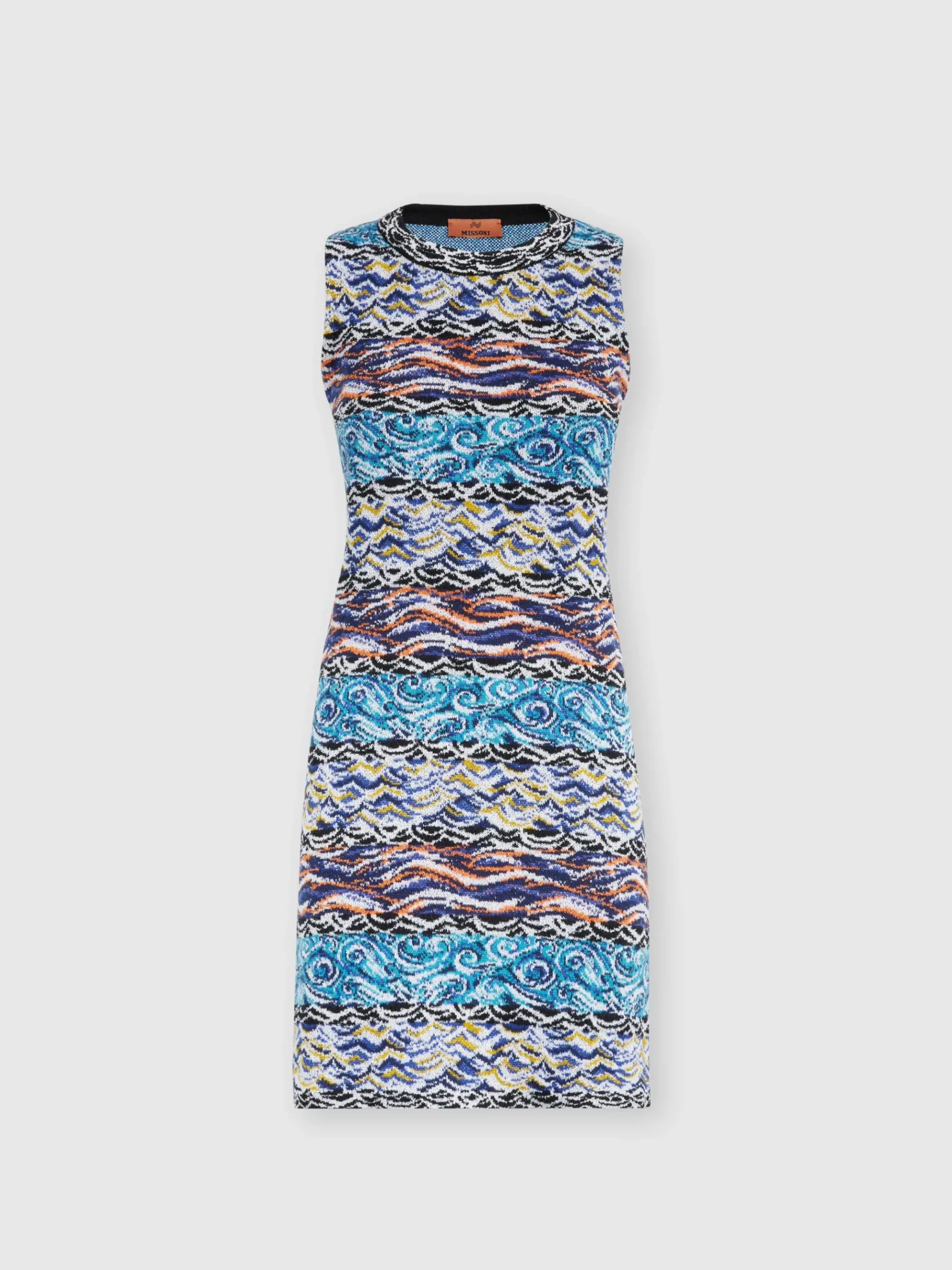 Sleeveless mini-dress in wool and cotton with wave motif