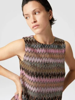 Sleeveless mini-dress in zig zag lamé viscose